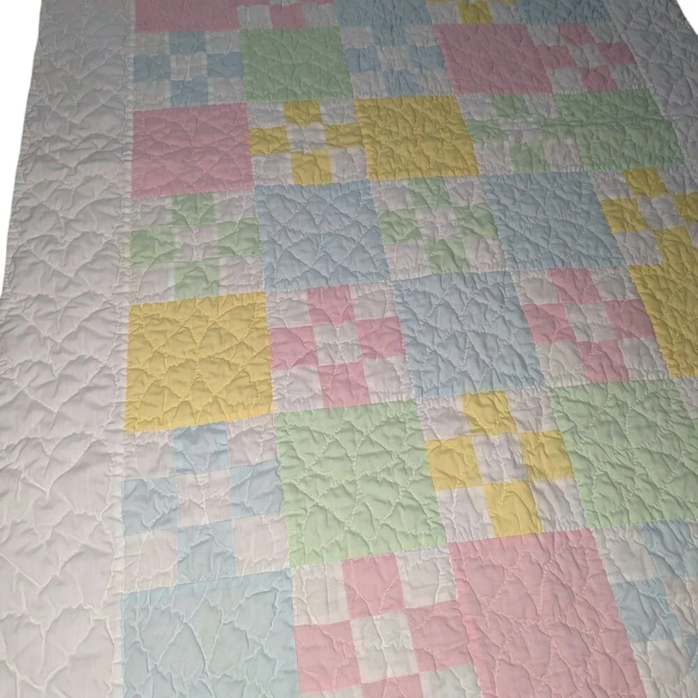 Vintage Hand Stitched Baby Crib Quilt Color Block Bears Gender Neutral 37x61
